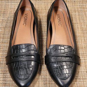 Vionic Savannah Flat Loafer Casual Shoes Black Leather Croc Detail Size 6 Eur 37